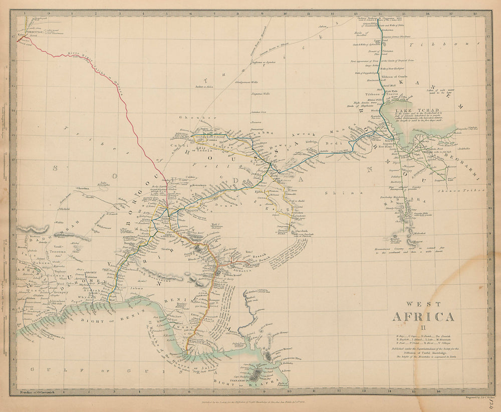 NIGERIA early explorers' routes. Lake Chad. Yariba Houssa Borgou SDUK 1844 map