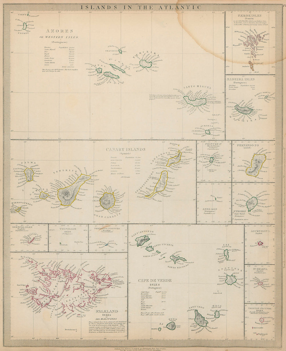ATLANTIC ISLANDS Canary Azores Faeroes Madeira Bermuda Falklands SDUK 1844 map