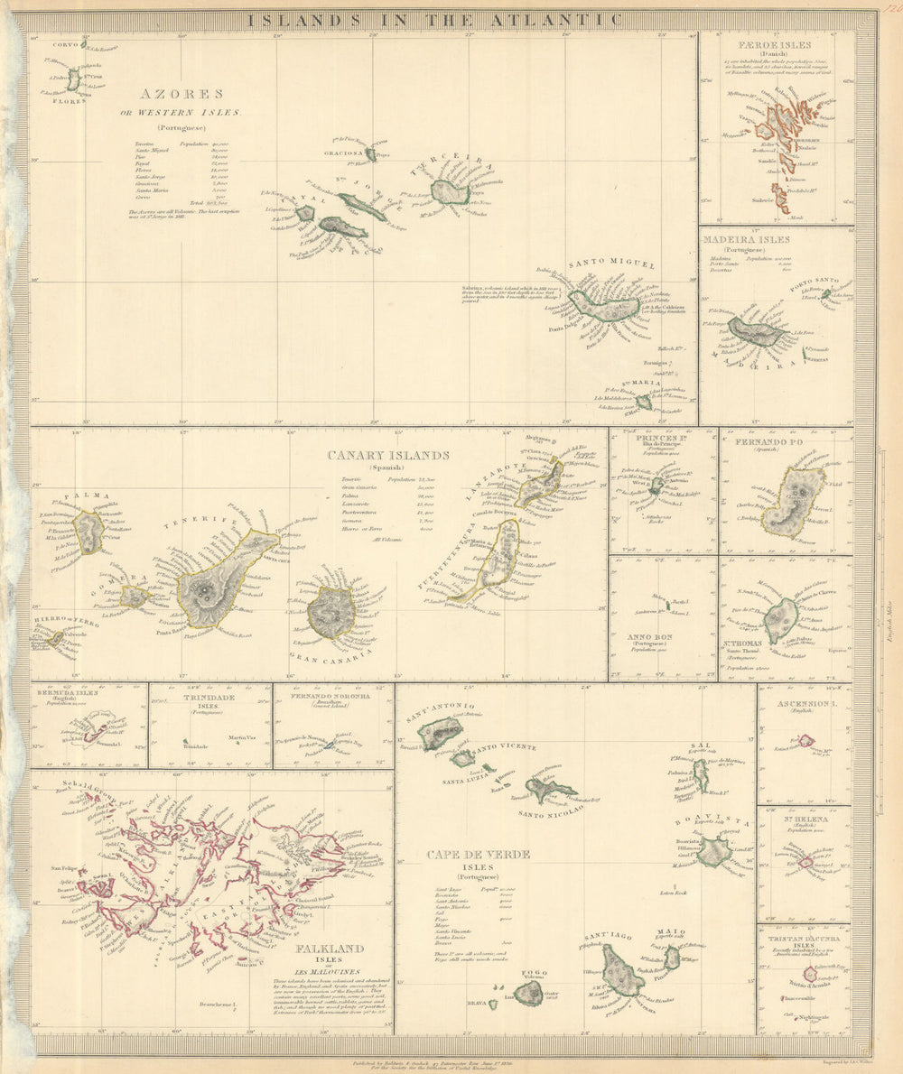 ATLANTIC ISLANDS Canary Azores Faeroes Madeira Bermuda Falklands SDUK 1844 map