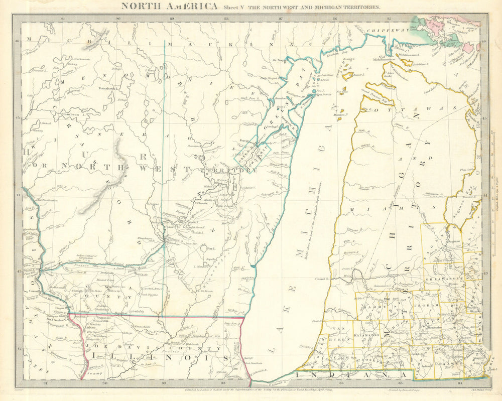 LAKE MICHIGAN Wisconsin Northwest Territory Indian tribes villages SDUK 1844 map