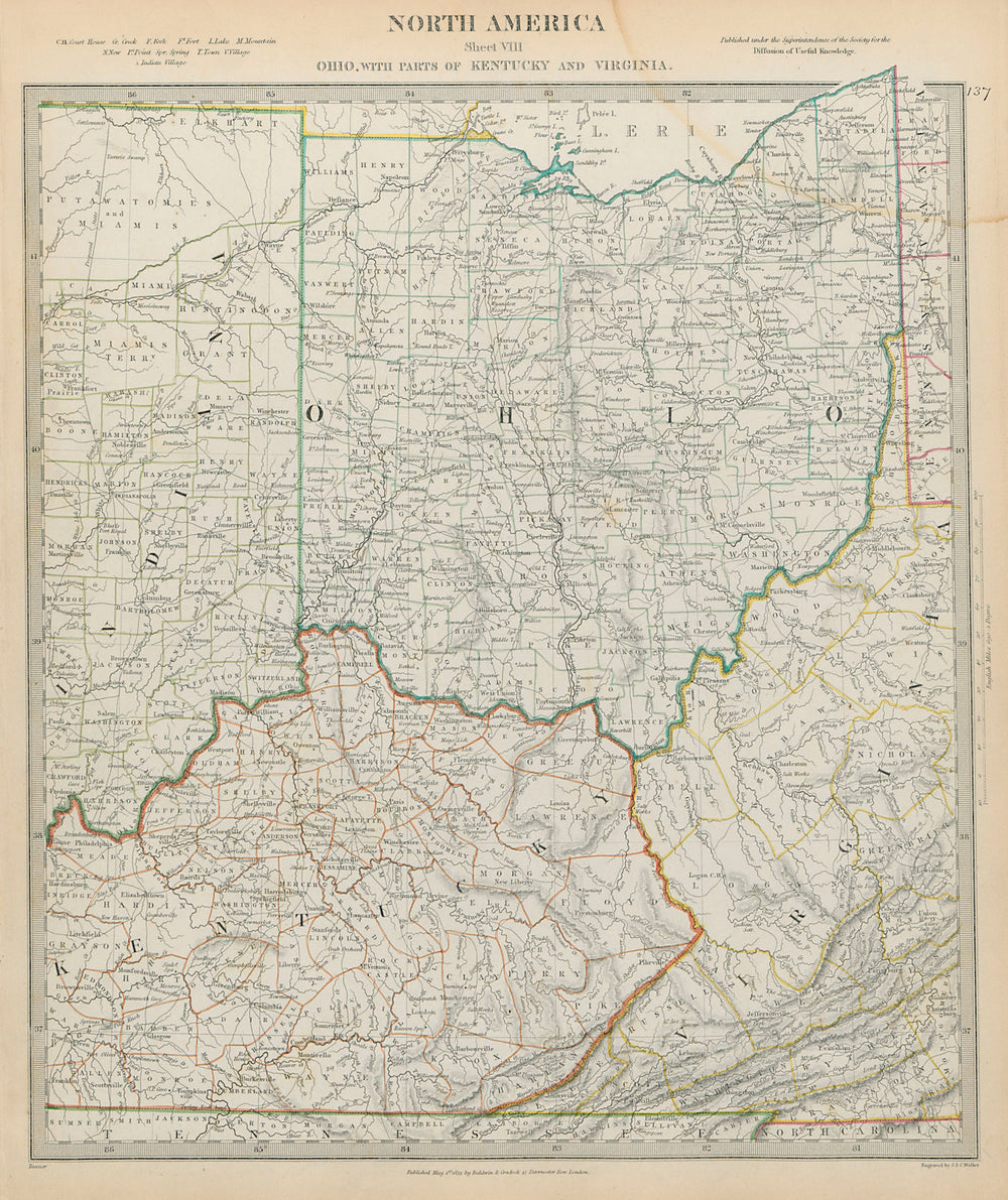 Ohio with parts of Kentucky, Virginia & Indiana. USA. Counties SDUK 1844 map