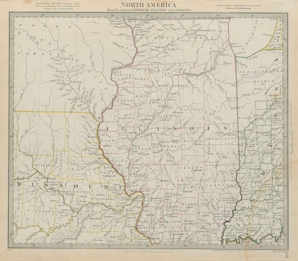 USA Missouri Illinois Indiana. Indian villages tribes borders SDUK 1844 map
