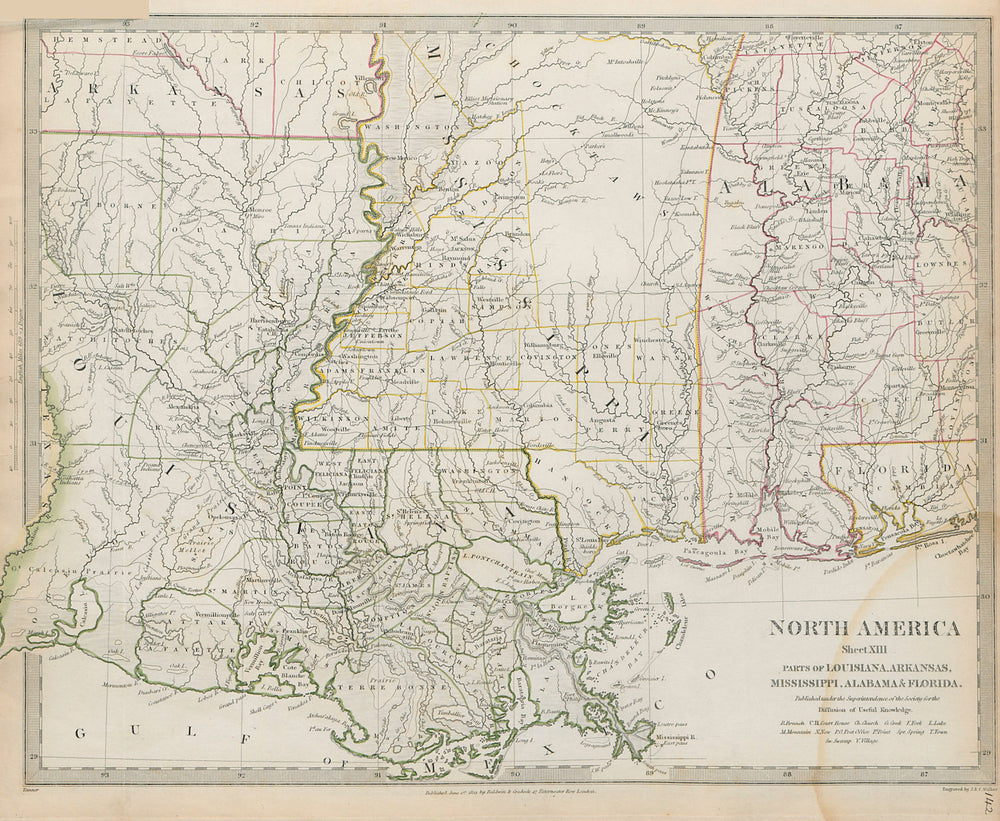 US GULF COAST Louisiana Mississippi FL Alabama Indian villages SDUK 1844 map