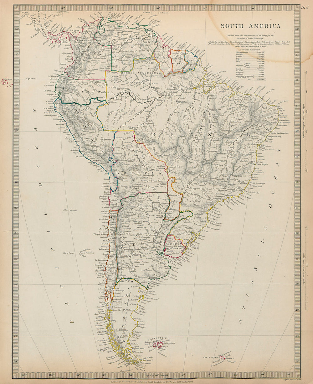 SOUTH AMERICA Brazil Chile Peru Patagonia La Plata Bolivia Litoral SDUK 1844 map