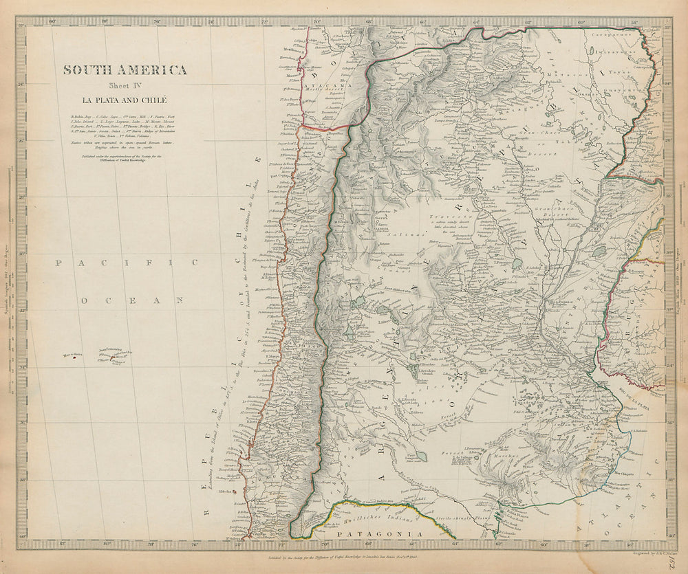 SOUTH AMERICA La Plata & Chilé. Chile Argentina Uruguay Bolivia SDUK 1844 map