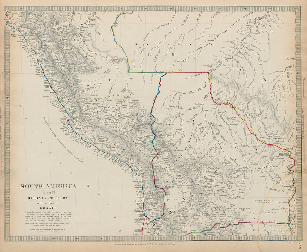 BOLIVIA, PERU with part of Brazil. Indian tribes Bolivian Litoral SDUK 1844 map