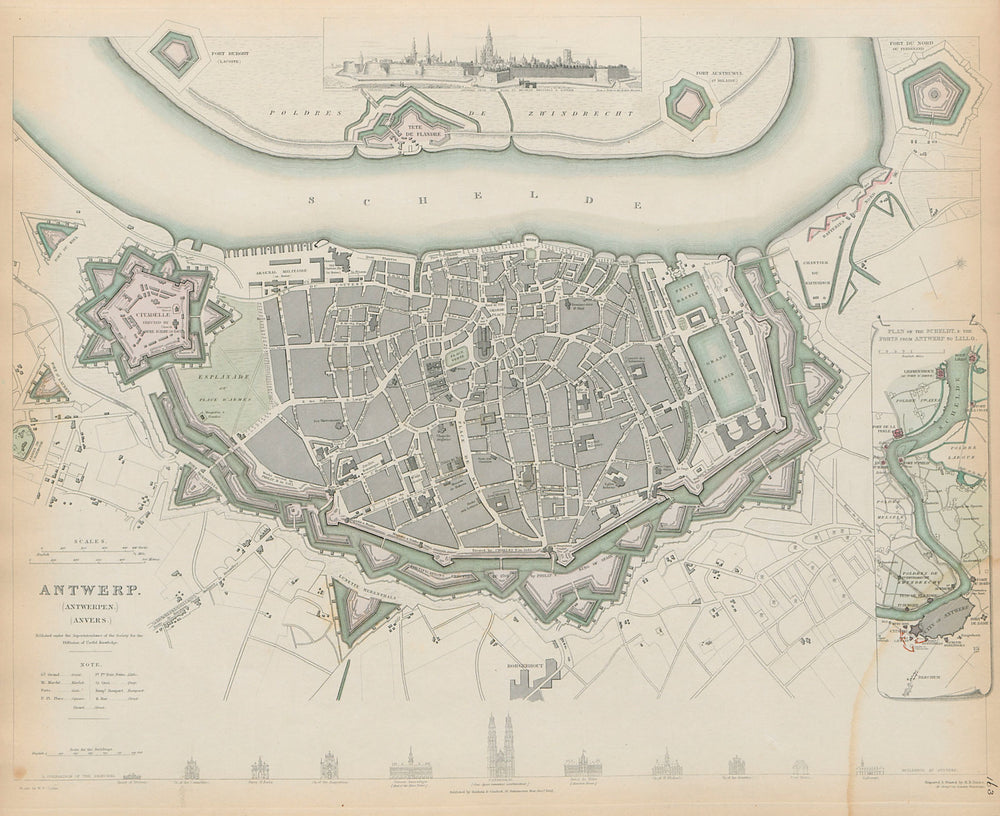 ANTWERP ANTWERPEN ANVERS city town map Schelde forts Lillo SDUK 1844 old