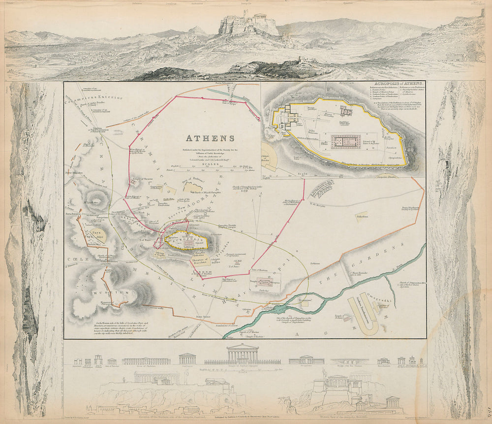 ANCIENT ATHENS Αθήνα Antique city town map plan Acropolis SDUK 1844 old