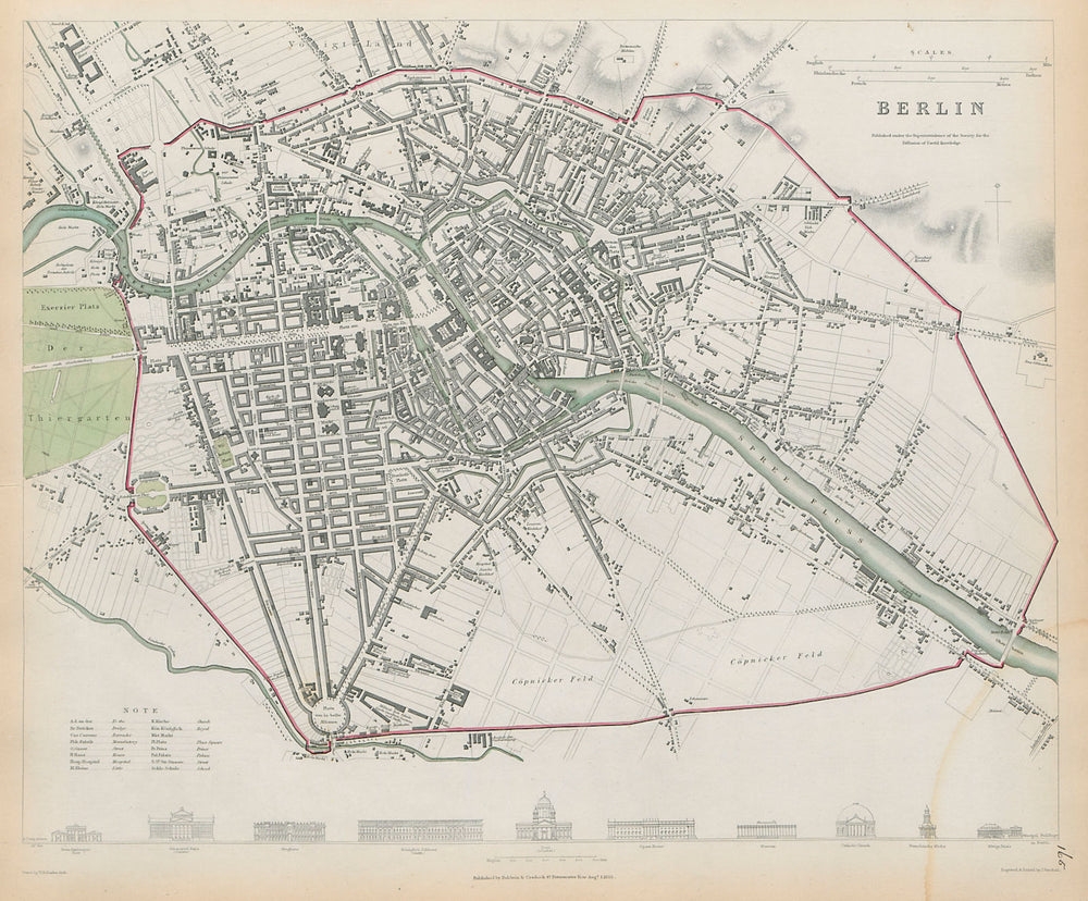 BERLIN Antique city town map plan showing fortifications SDUK 1844 old