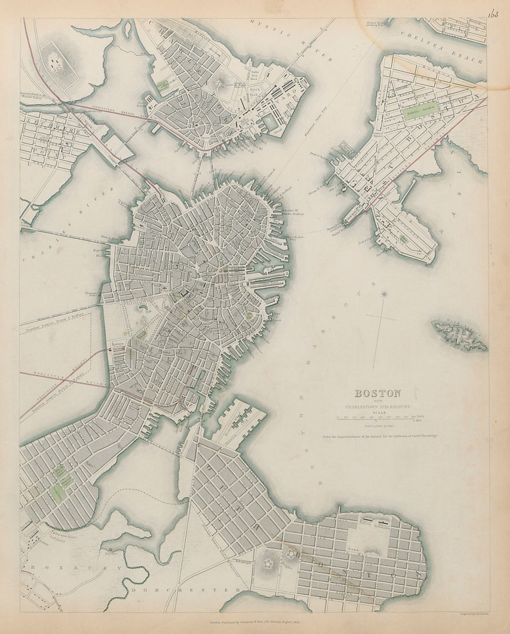 BOSTON WITH CHARLESTOWN AND ROXBURY Antique city town map plan SDUK 1844