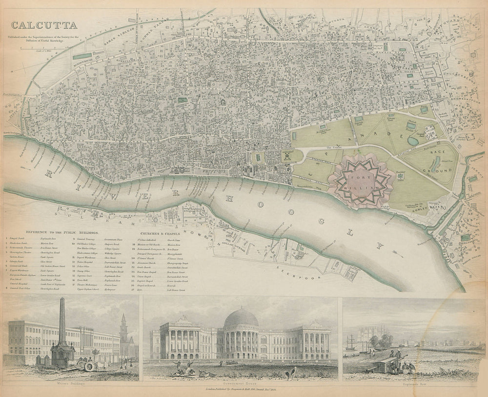 CALCUTTA KOLKATA Antique city town map Govt House Esplanade Row SDUK 1844