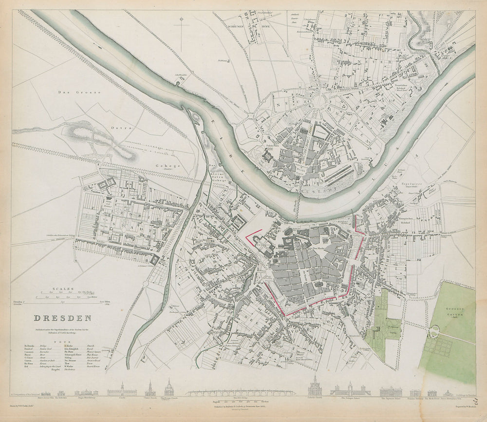 DRESDEN Antique city town map plan Original colour SDUK 1844 old