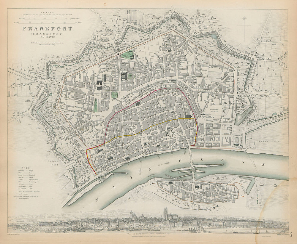 FRANKFURT AM MAIN Antique city town map plan Panorama am Mayn SDUK 1844