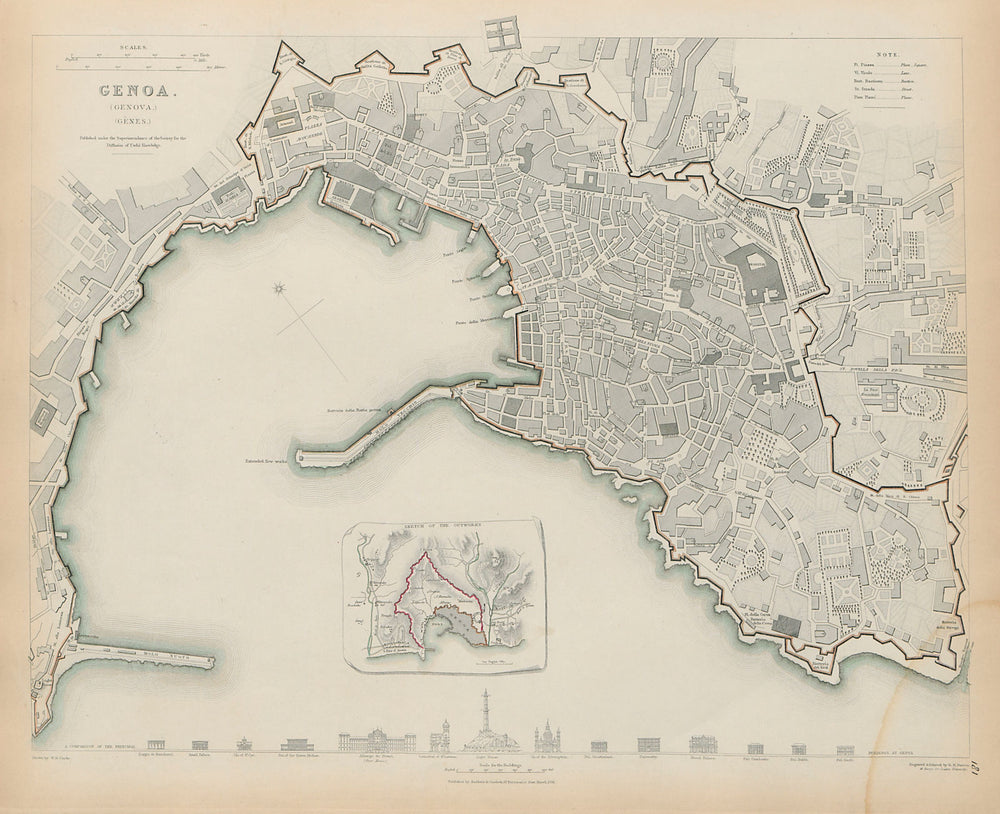 GENOVA (GENOA GÊNES) GÈNES Antique city town map plan. Outworks SDUK 1844