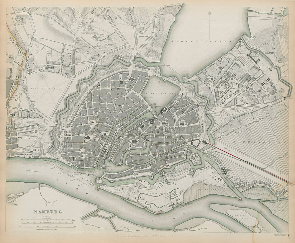 HAMBURG Antique city town map plan SDUK 1844 old chart