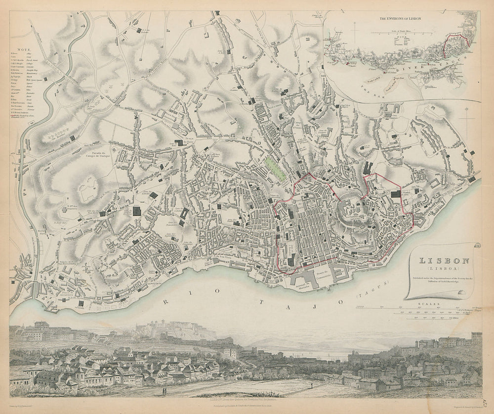 LISBON LISBOA Antique city town map plan Inset environs Panorama SDUK 1844