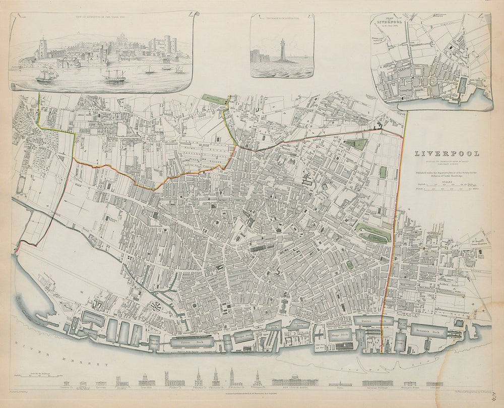 LIVERPOOL Antique city town map. View & plan in 1729 Buildings SDUK 1844
