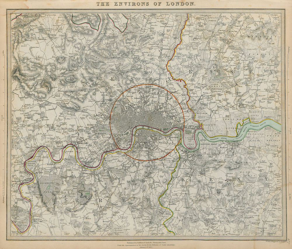 LONDON & ENVIRONS Middlesex Kent Essex Surrey. Home counties SDUK 1844 old map
