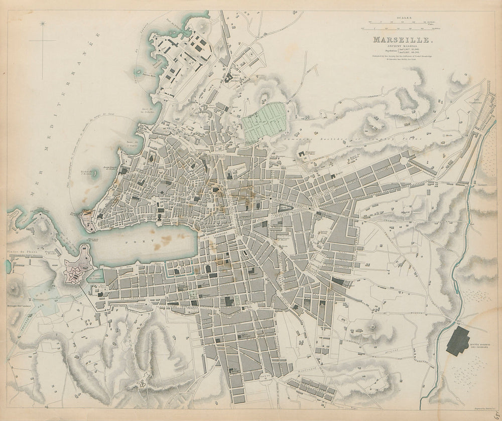 MARSEILLE Antique city town map Ancient Massilia Marseilles SDUK 1844 old
