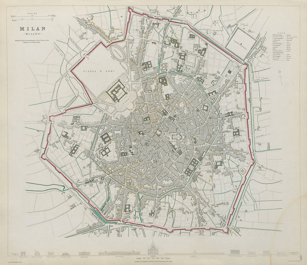 MILAN MILANO Antique city town map plan Main buildings profiles SDUK 1844