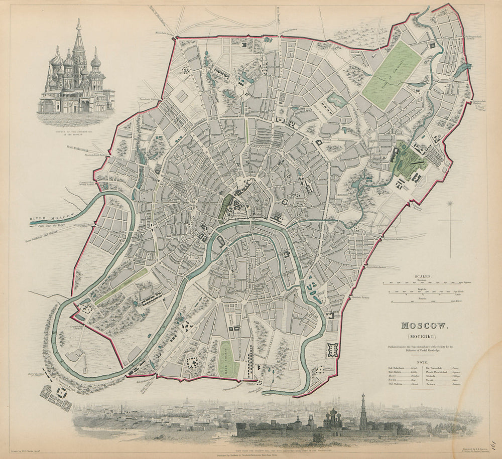 MOSCOW MOSKAU Москва Antique city town map plan & panorama SDUK 1844 old