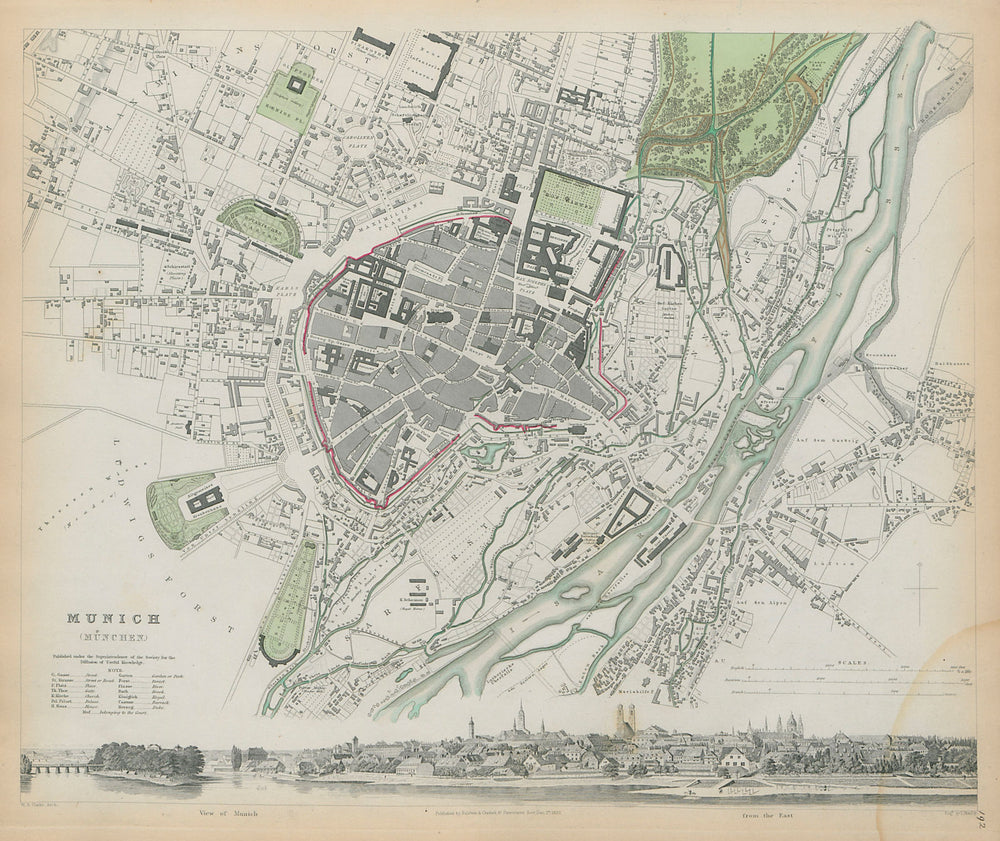 MUNICH MÜNCHEN MUNCHEN Antique city town map plan & panorama SDUK 1844 old