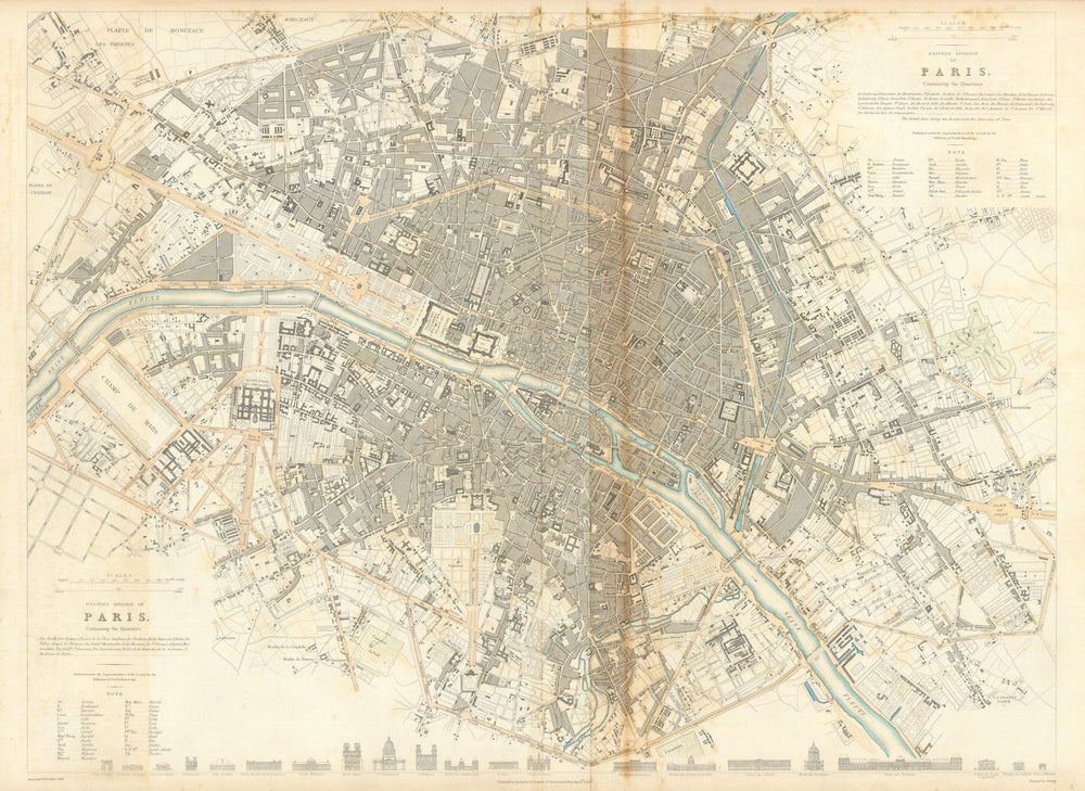 PARIS Antique city town map plan LARGE 55x40cm 2 sheets conjoined. SDUK 1844