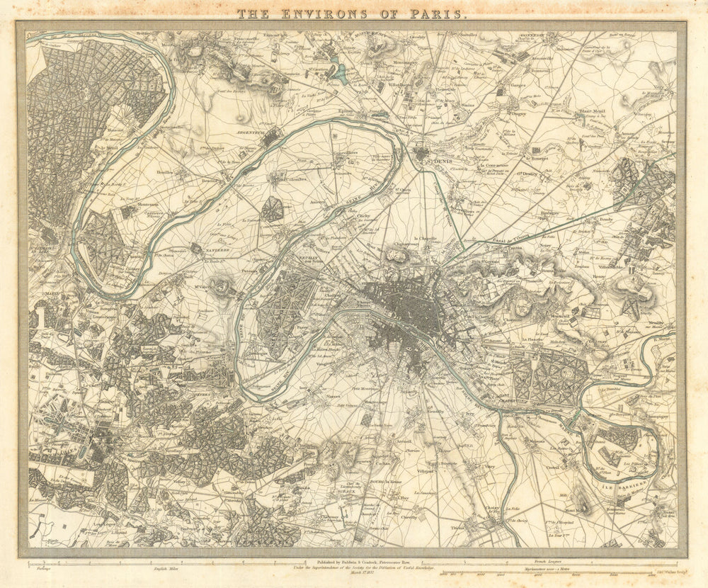 PARIS ENVIRONS Versailles Vincennes St Germain-en-Laye SDUK 1844 old map