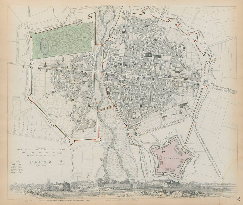 PARMA Antique city town map plan & panorama Parme SDUK 1844 old