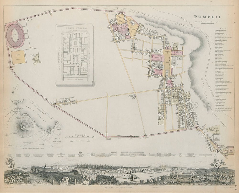 POMPEII Antique city town map panorama Domus Pansae Bay of Naples SDUK 1844