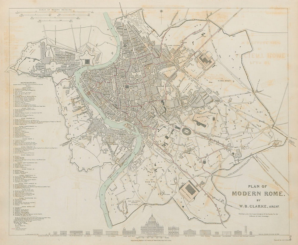 ROME ROMA Antique city town map plan Original hand colouring SDUK 1844 old