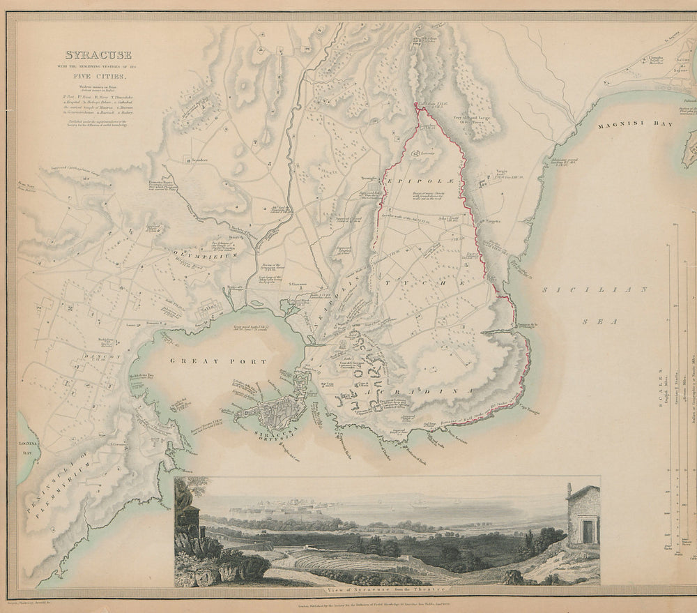 SYRACUSE SIRACUSA Antique city town map plan. Remains of 5 cities. SDUK 1844