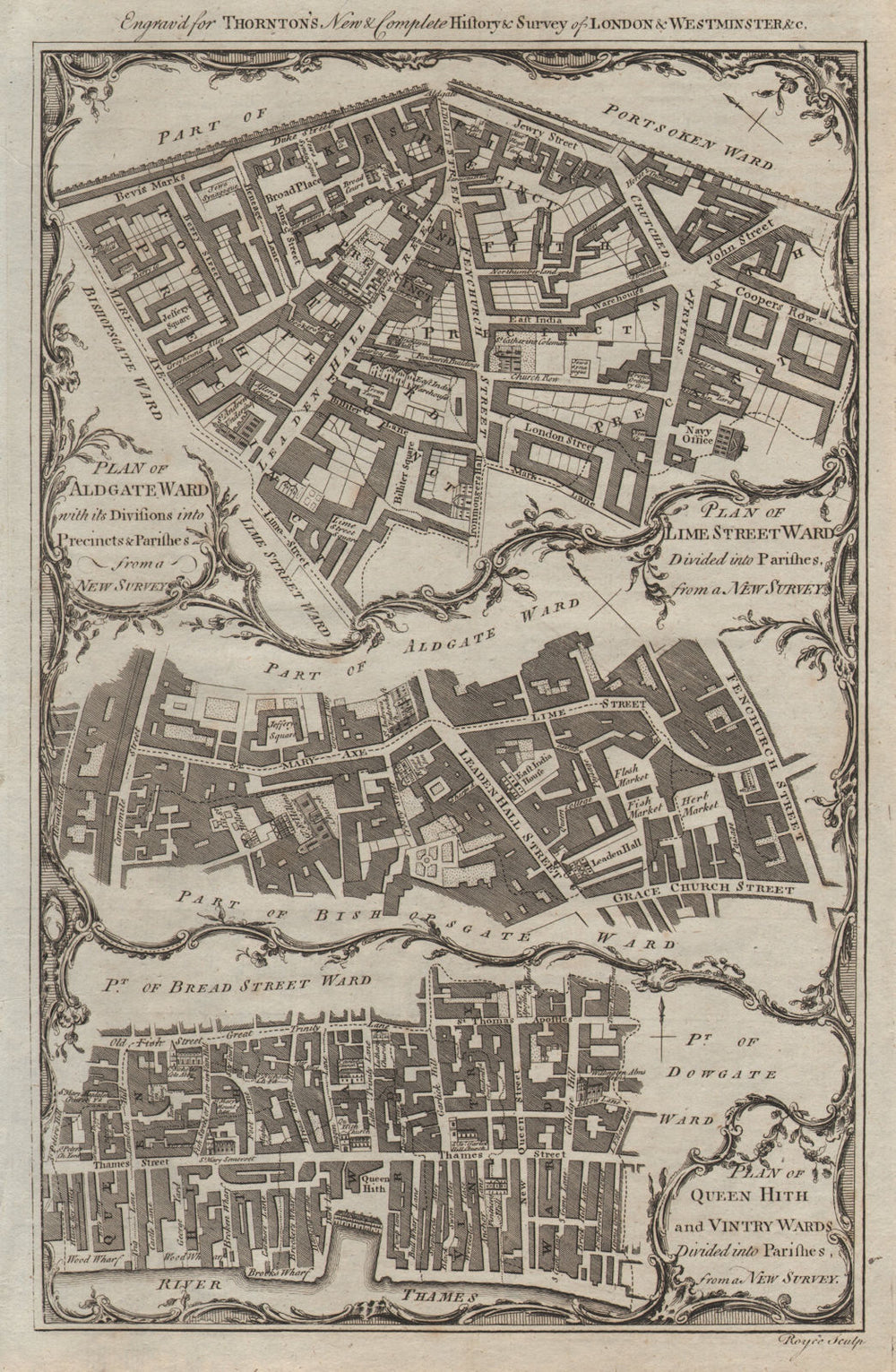 Aldgate Lime Street Queenhithe Vintry Wards. City of London. THORNTON 1784 map
