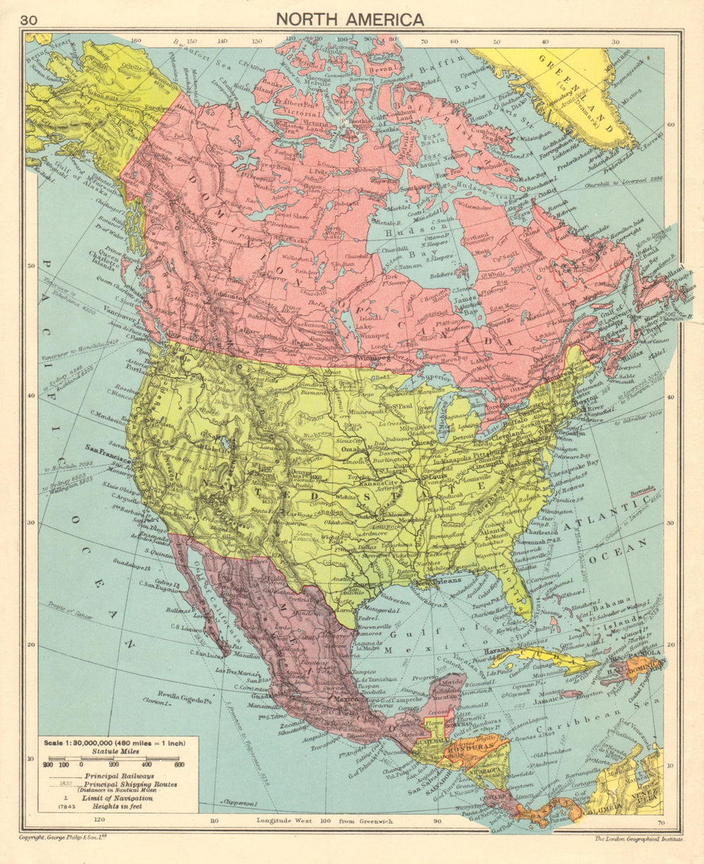 North America in 1943. Second World War. US Canada Mexico 1943 old vintage map