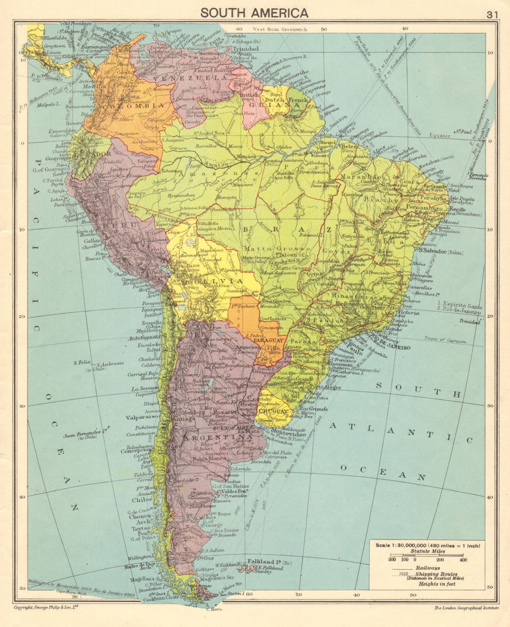 South America. Second World War 1943 old vintage map plan chart