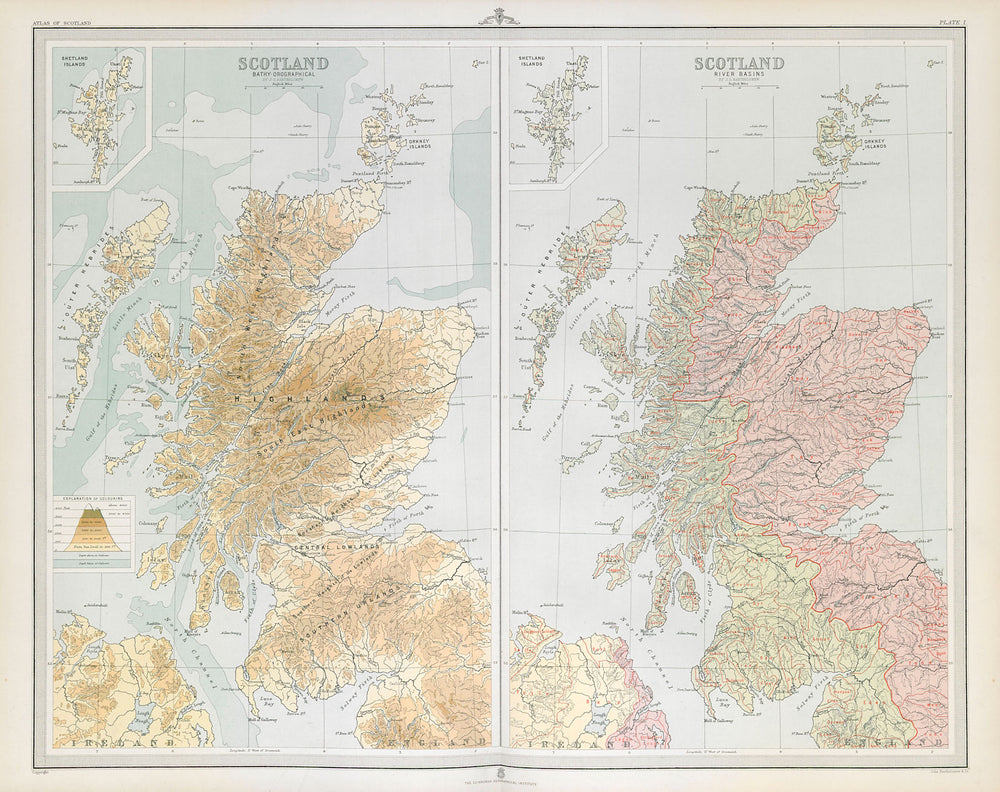 SCOTLAND. Relief & River basins. Watersheds. Drainage divide. LARGE 1895 map