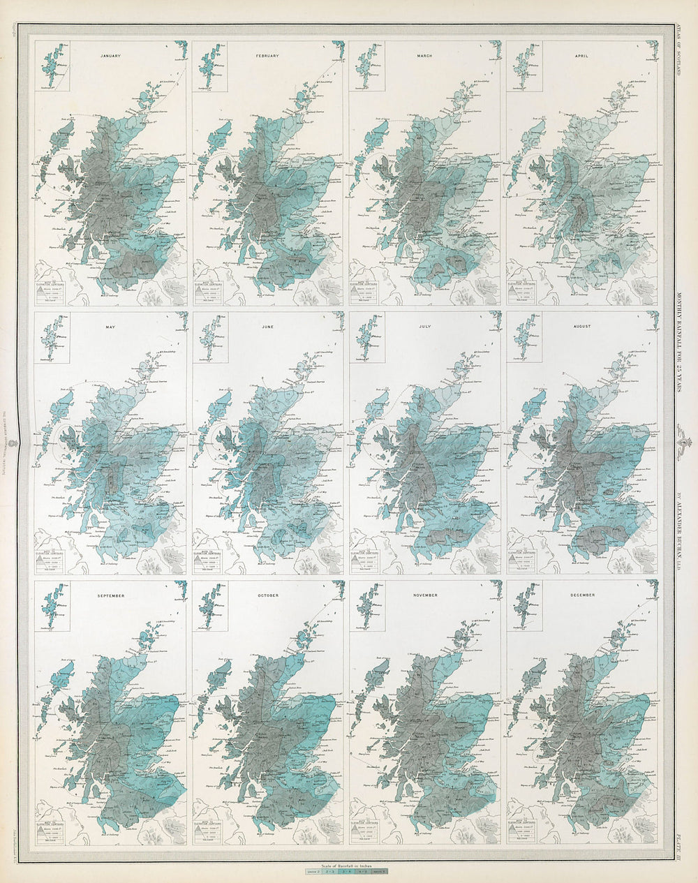 SCOTLAND average monthly rainfall for 25 years by Alexander Buchan 1895 map