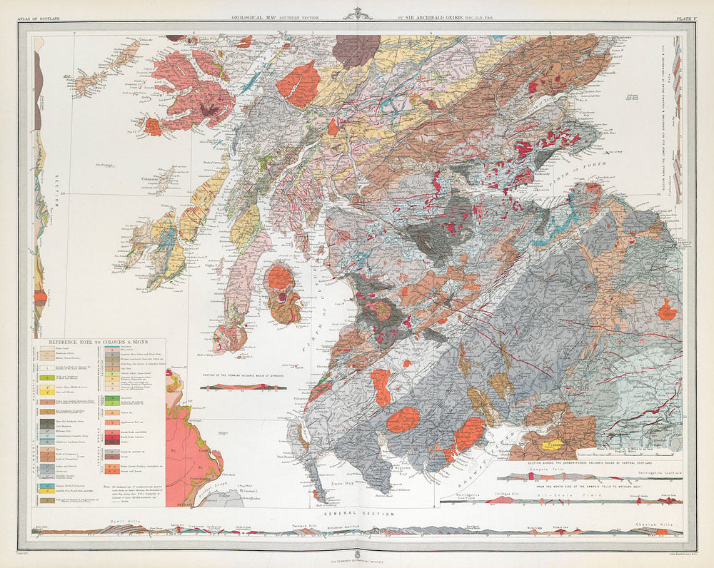SCOTLAND Geological map - southern section. Sir Archibald Geikie. LARGE 1895