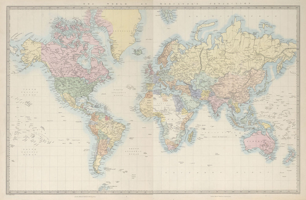 WORLD ON MERCATOR'S PROJECTION Chinese Outer Manchuria SDUK 1857 old map