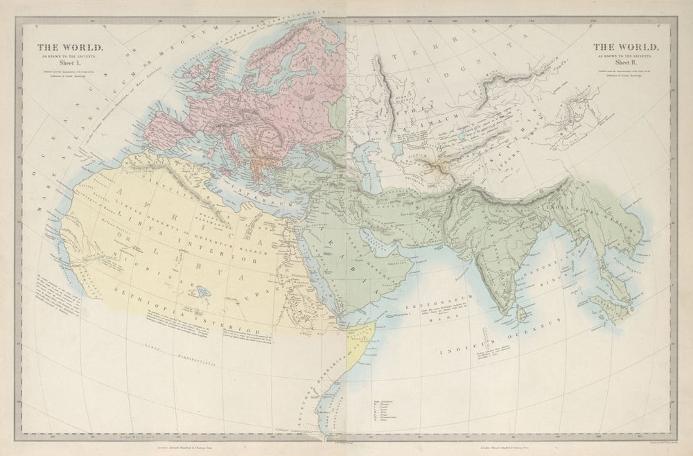 WORLD KNOWN TO ANCIENTS. Herodotus Ptolemy Pliny Hanno. On 2 sheets 1857 map