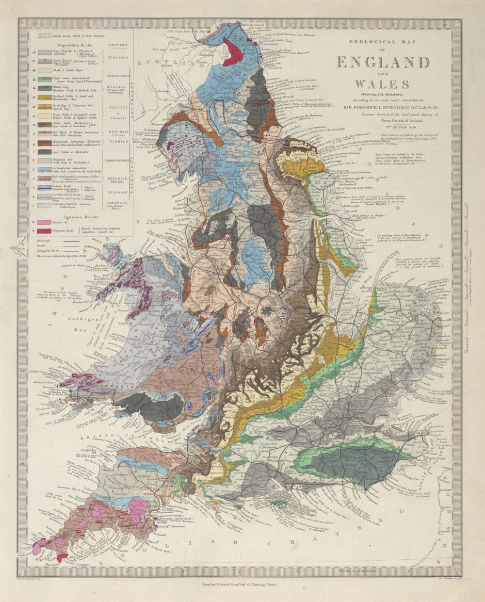 ENGLAND & WALES Geological Map. Original colour. Depositary rocks. SDUK 1857