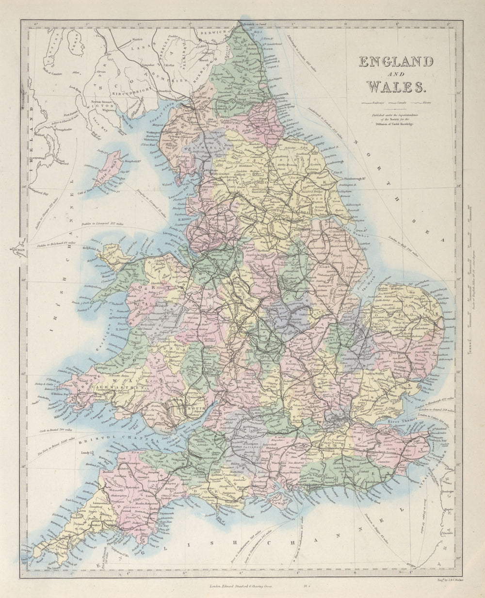 ENGLAND AND WALES. Canals and Railways. SDUK 1857 old antique map plan chart