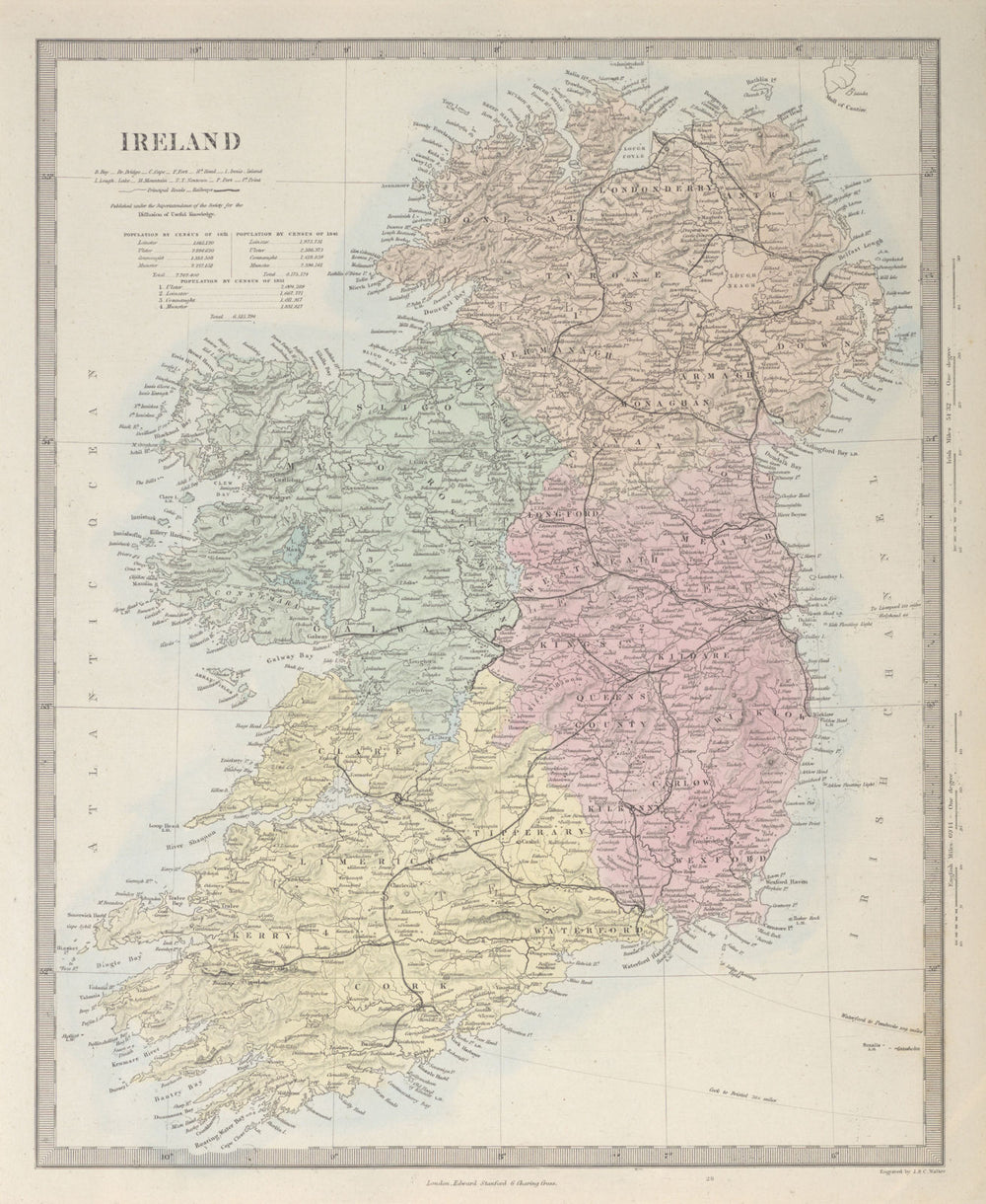 IRELAND. Showing roads, railways, canals and provinces. SDUK 1857 old map