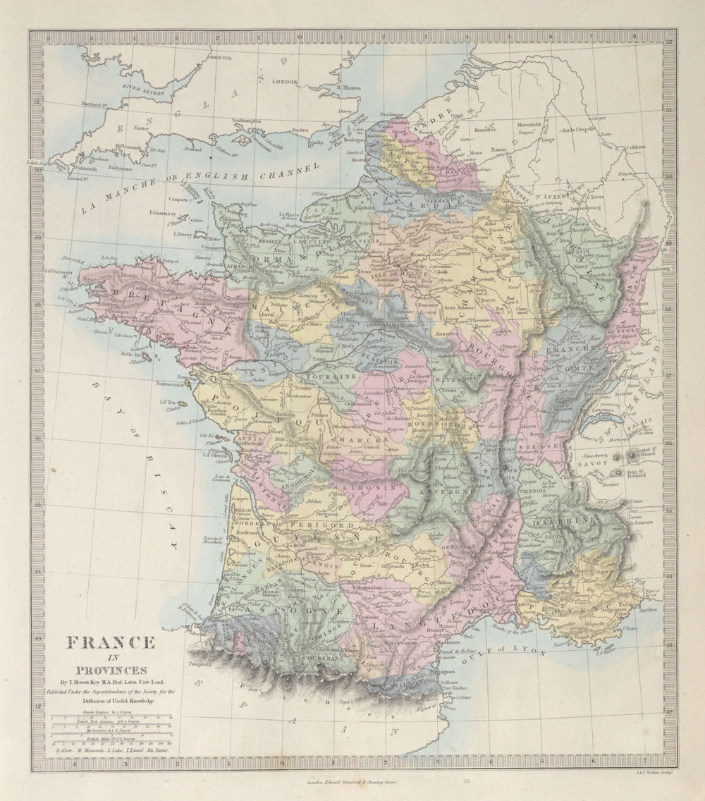 FRANCE showing pre-revolutionary PROVINCES. Original hand colour. SDUK 1857 map