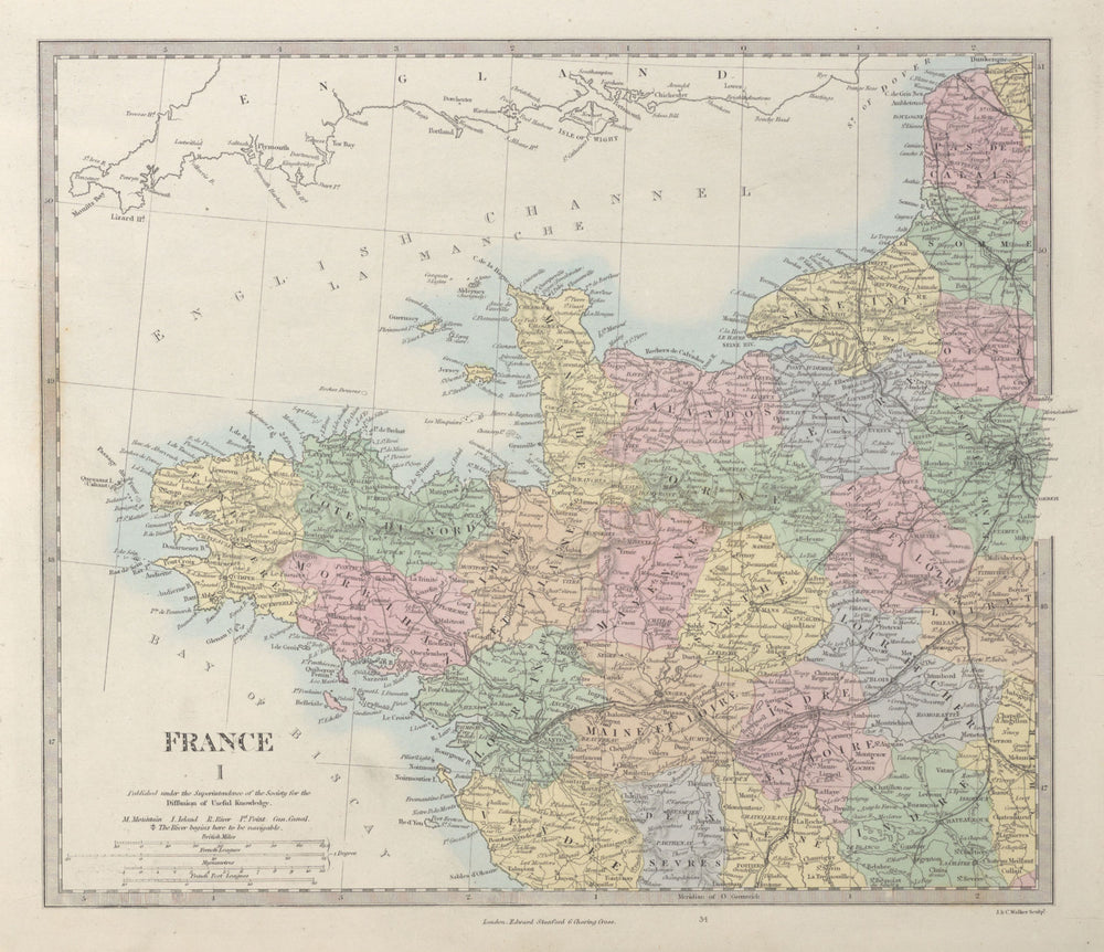 FRANCE NORTH WEST. Bretagne Normandie Loire Centre. Hand coloured. SDUK 1857 map