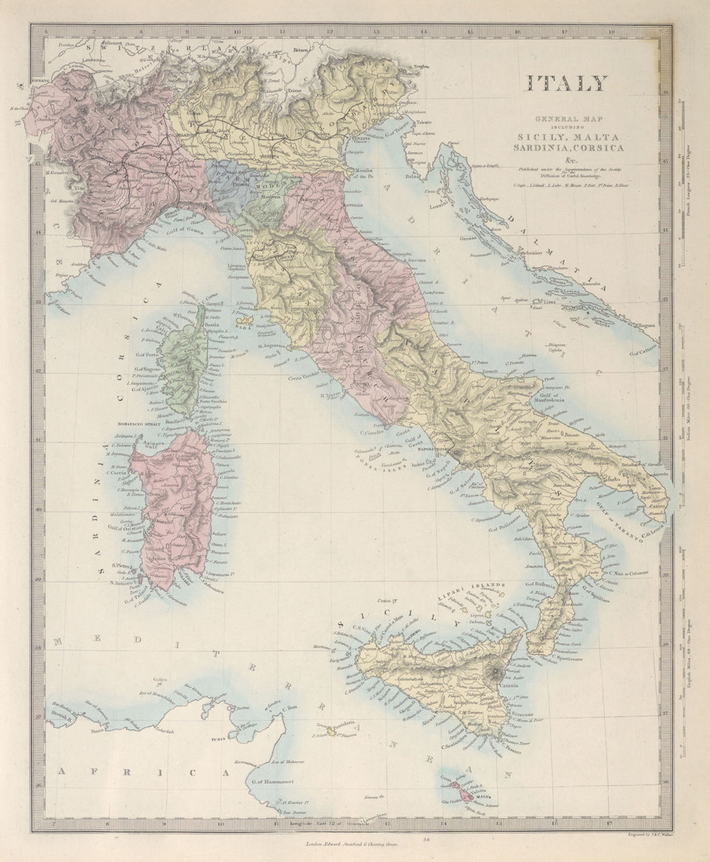 ITALY general map. Sicily Sardinia Corsica. Includes Savoie & Nice. SDUK 1857