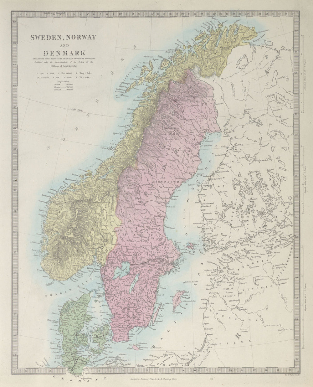 SCANDINAVIA. Sweden, Norway, and Denmark. Populations. SDUK 1857 old map