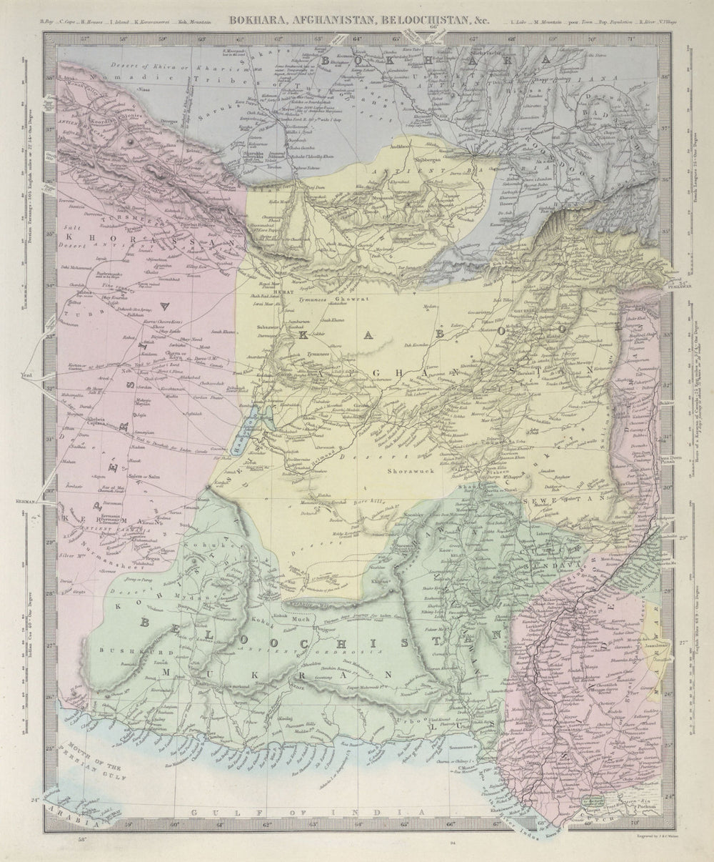 BOKHARA AFGHANISTAN & BALUCHISTAN. Sinde Pakistan. SDUK 1857 old antique map