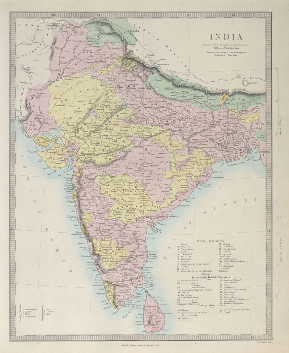 BRITISH INDIA British French Portuguese possessions/protectorates. SDUK 1857 map