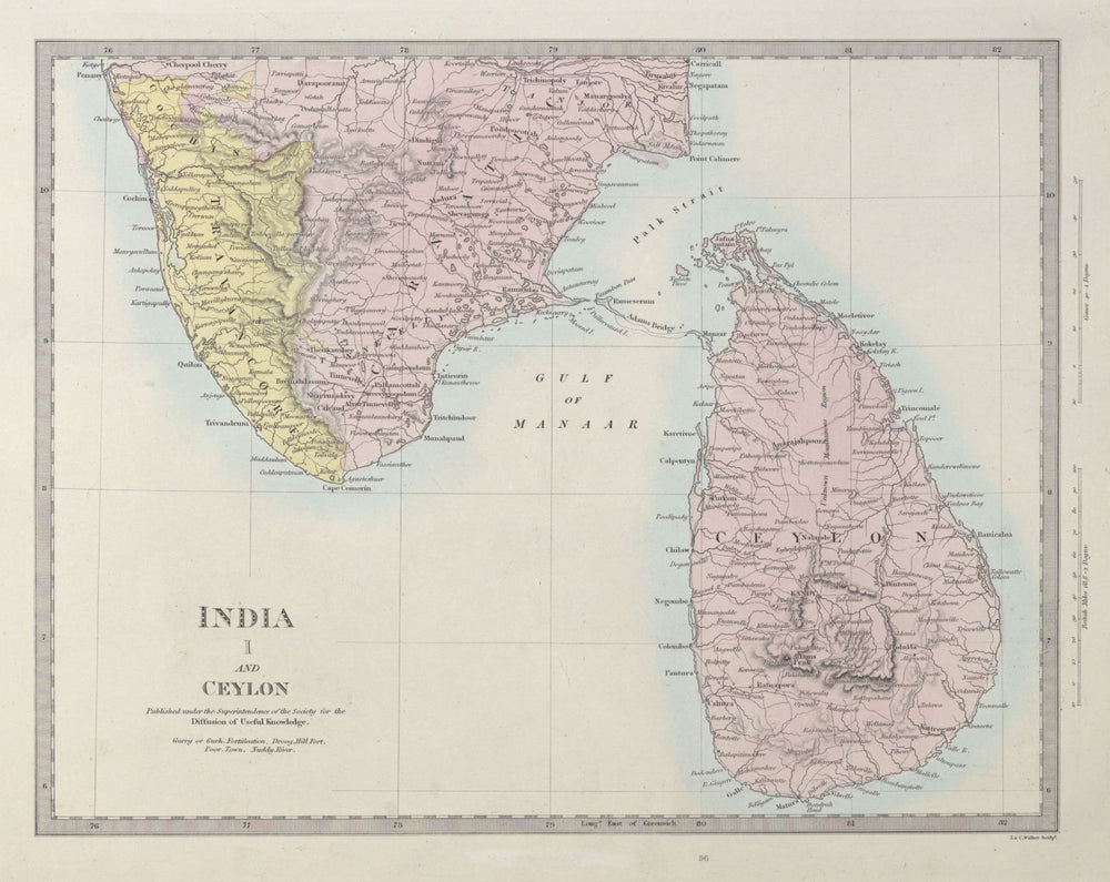 BRITISH INDIA SOUTH/CEYLON Sri Lanka Tamil Nadu Travancore Kerala. SDUK 1857 map